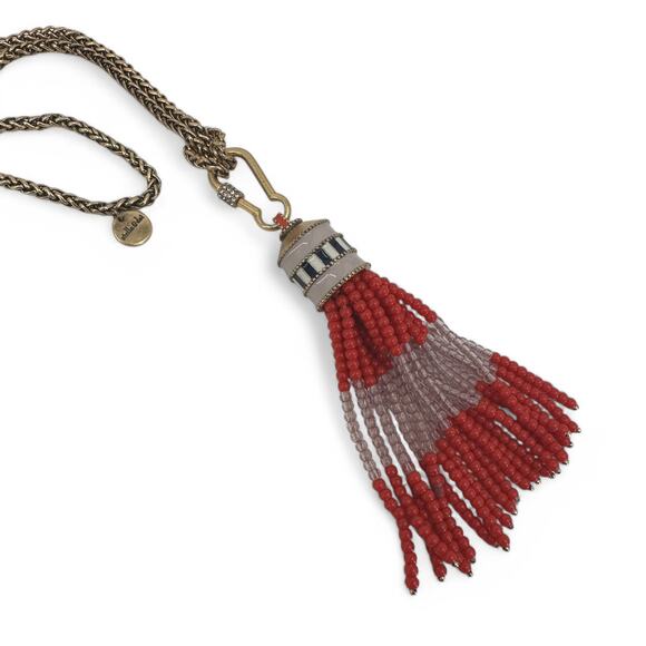 Stella and Dot Retired Brio Necklace Coral Red Beaded Tassel Fancy Chain - Picture 8 of 8